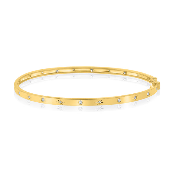 Unique 14K Gold Starbust Pattern Diamond Bangle