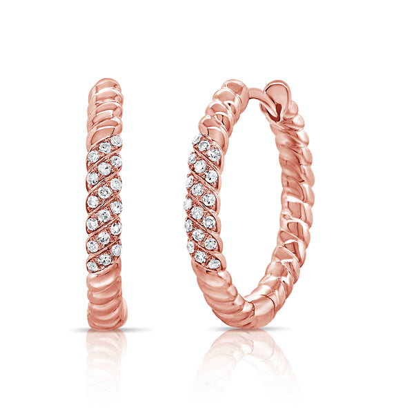 Twisted Rope Diamond Hoop Earrings in 14K Rose Gold