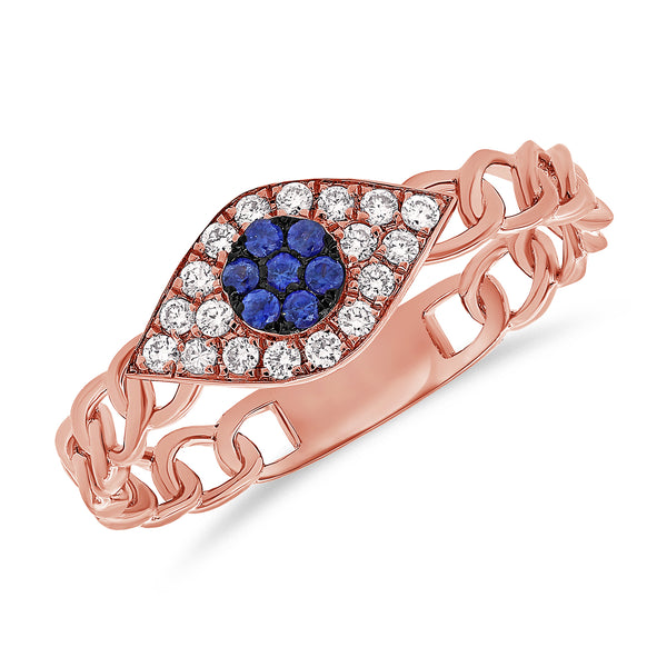 Bold Evil Eye Chain Ring with Sapphires & Diamonds