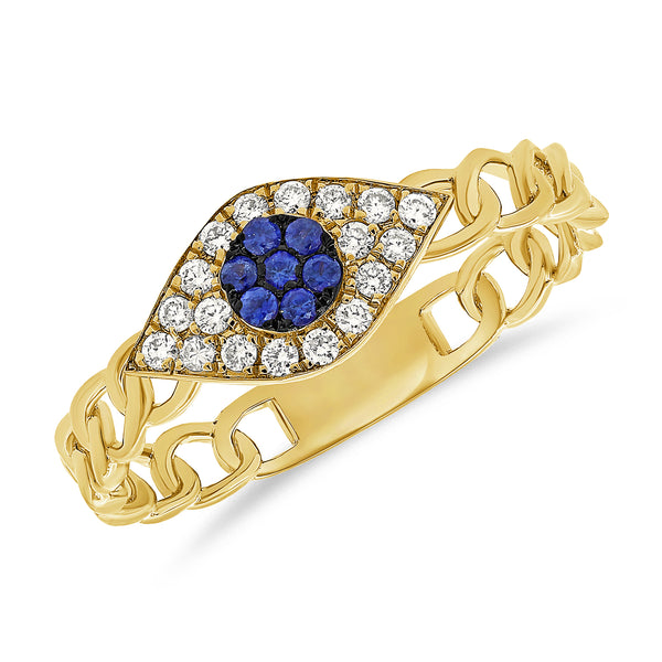 Bold Evil Eye Chain Ring with Sapphires & Diamonds