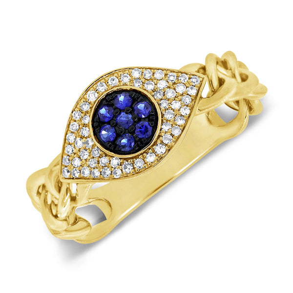 14K Gold Evil Eye Chain Ring with Diamonds