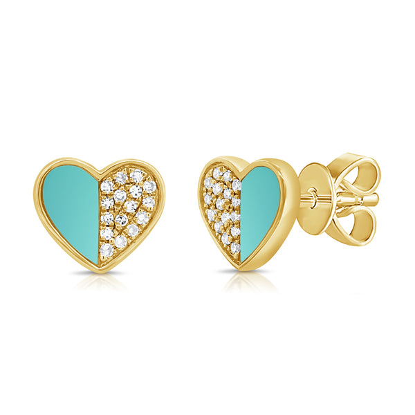 14K Gold Turquoise & Diamond Heart Stud Earrings