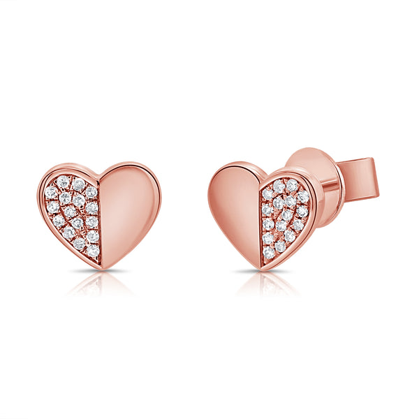 14K Gold Heart Stud Earrings with Diamonds