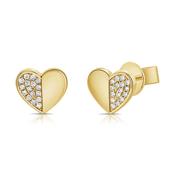 14K Gold Heart Stud Earrings with Diamonds