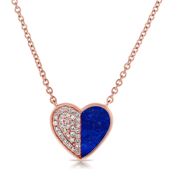 14K Gold Heart Necklace with Lapis Lazuli and Diamond Accents