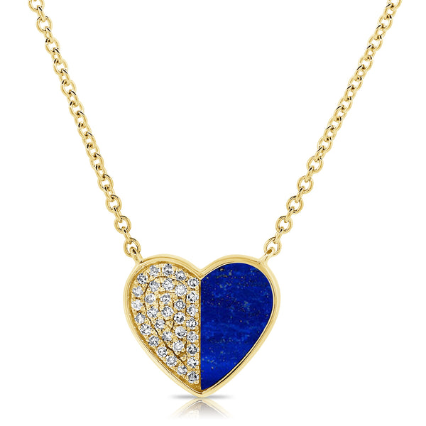 14K Gold Heart Necklace with Lapis Lazuli and Diamond Accents