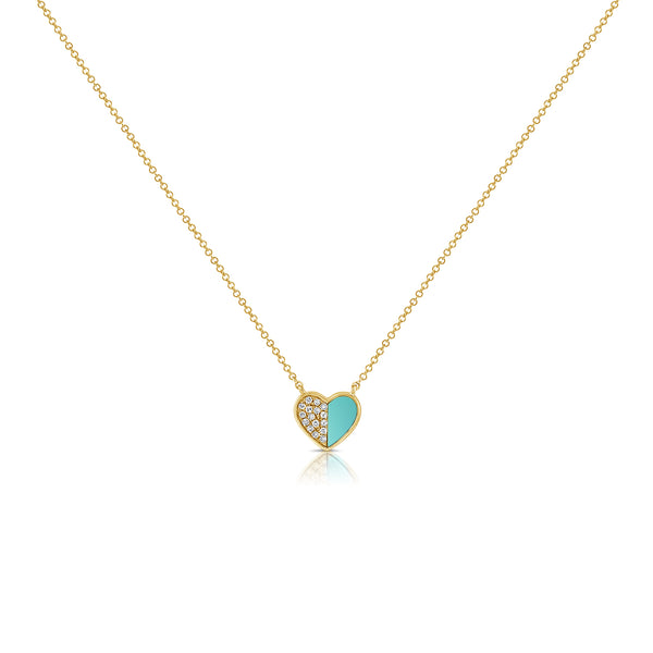 14K Gold Heart Necklace with Turquoise & Diamond Accents