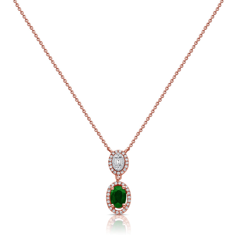 Emerald and Diamond Double Halo Drop Necklace in 14K Rose Gold