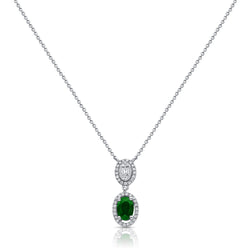 Emerald and Diamond Double Halo Drop Necklace in 14K Rose Gold