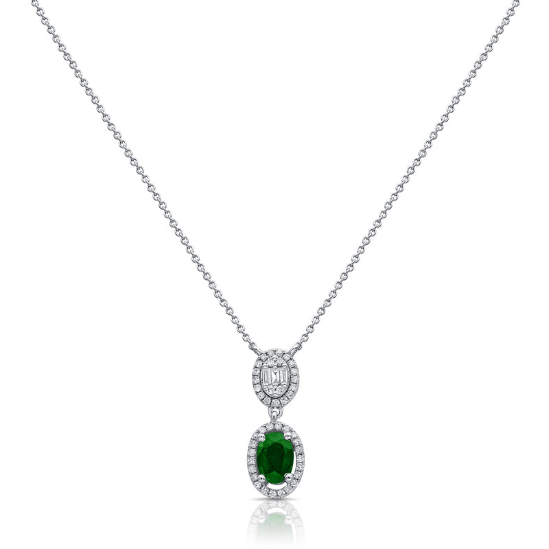 Emerald and Diamond Double Halo Drop Necklace in 14K Rose Gold