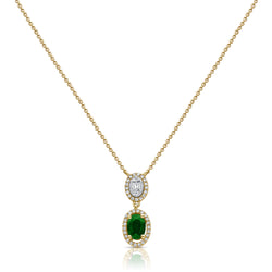 Emerald and Diamond Double Halo Drop Necklace in 14K Rose Gold