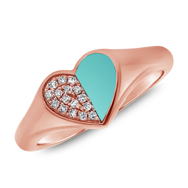 Vibrant Heart Pinky Ring with Turquoise and Diamonds in 14K Gold