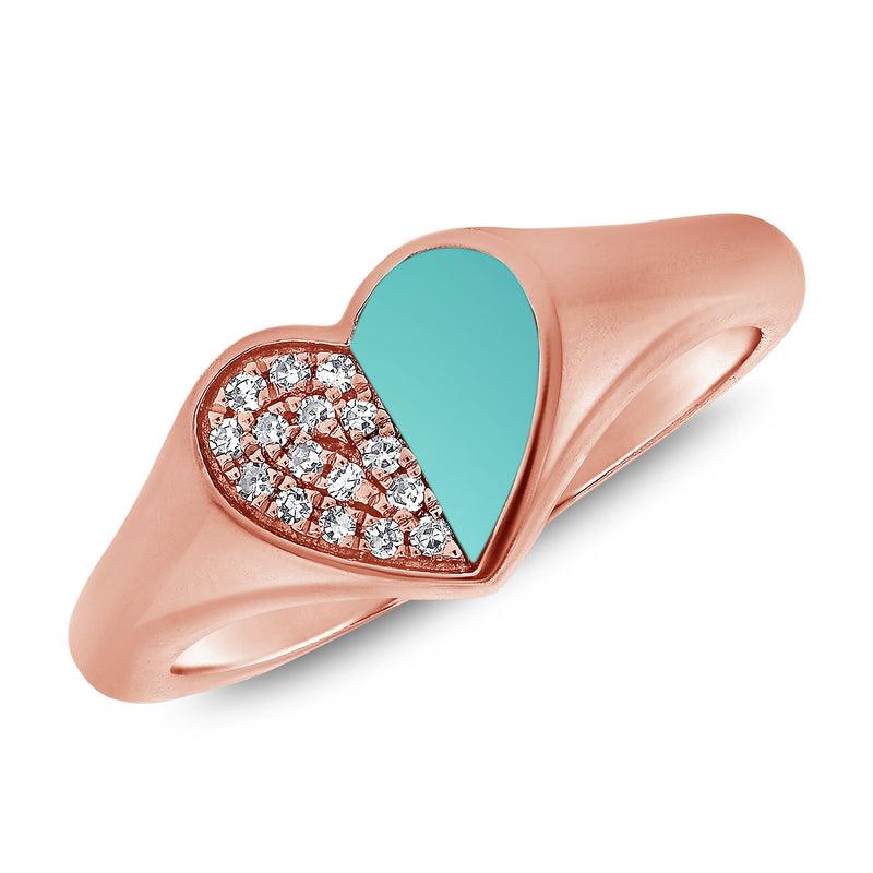 Vibrant Heart Pinky Ring with Turquoise and Diamonds in 14K Gold