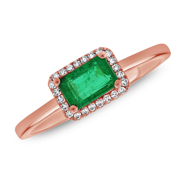 14K Gold Emerald-Cut Emerald and Diamond Halo Ring