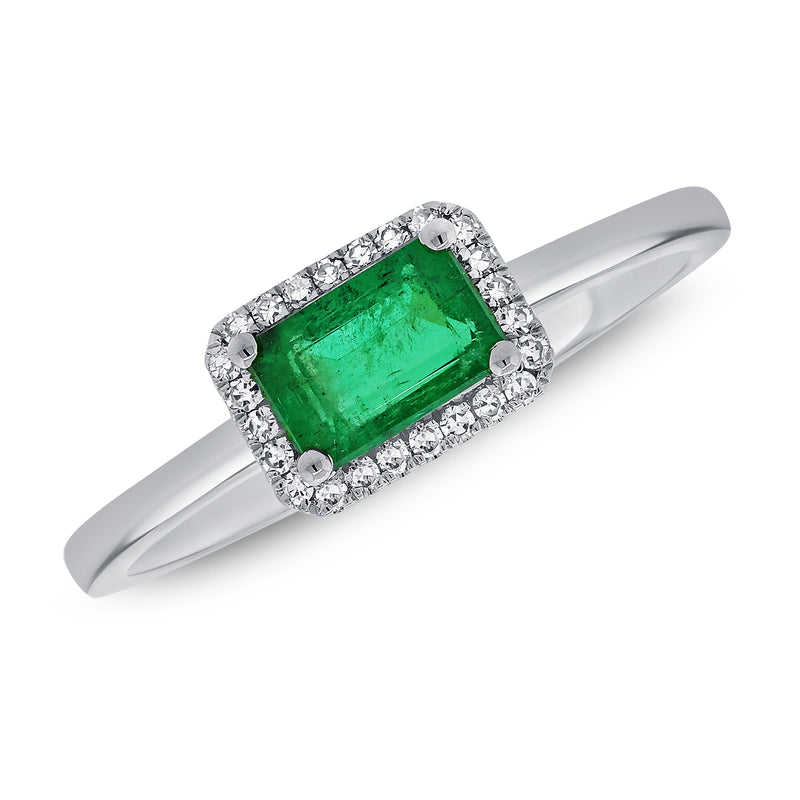 14K Gold Emerald-Cut Emerald and Diamond Halo Ring