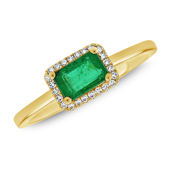 14K Gold Emerald-Cut Emerald and Diamond Halo Ring