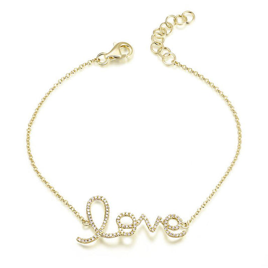 14K Gold Diamond Script Love Bracelet – 0.28 CT Delicate Chain Bracelet
