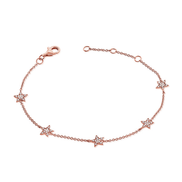 Five Diamond Stars Chain Bracelet made in 14K Gold