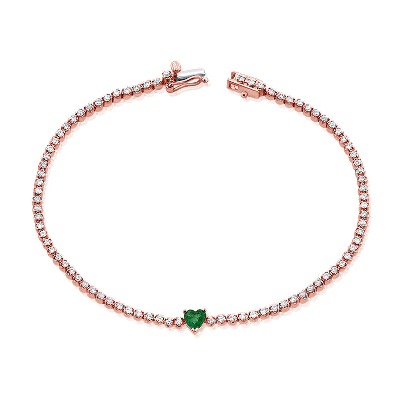 Elegant 14K Gold Heart Emerald and Diamond Tennis Bracelet