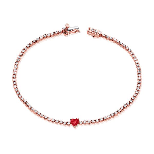 Enchanting 14K Gold Ruby Heart and Diamond Tennis Bracelet