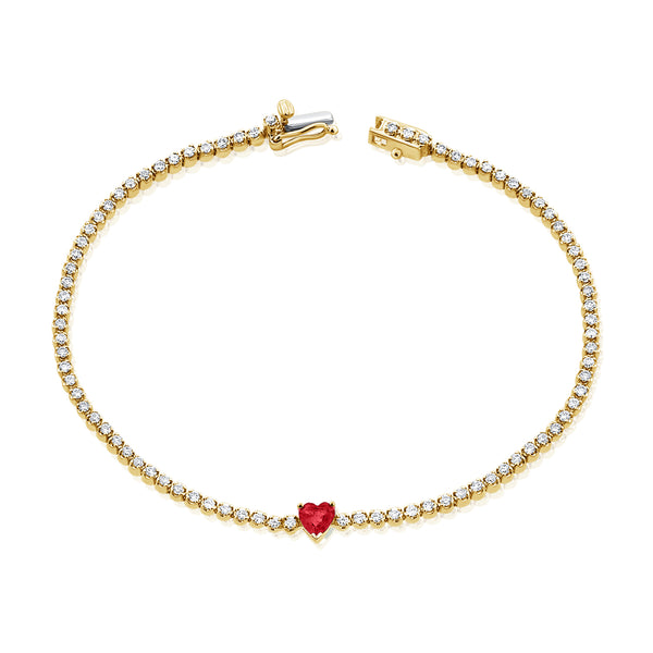 Enchanting 14K Gold Ruby Heart and Diamond Tennis Bracelet