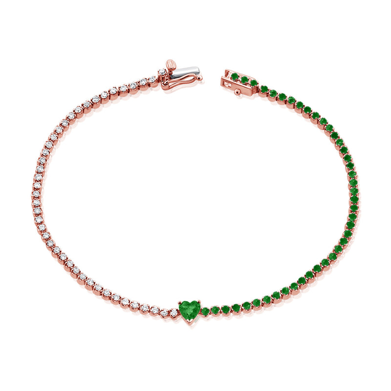 Radiant 14K Gold Emerald Heart and Diamond Tennis Bracelet