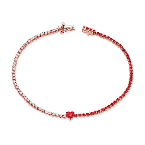 Captivating 14K Gold Ruby Heart and Diamond Tennis Bracelet