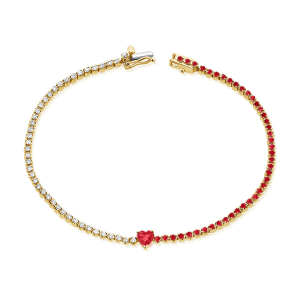 Captivating 14K Gold Ruby Heart and Diamond Tennis Bracelet