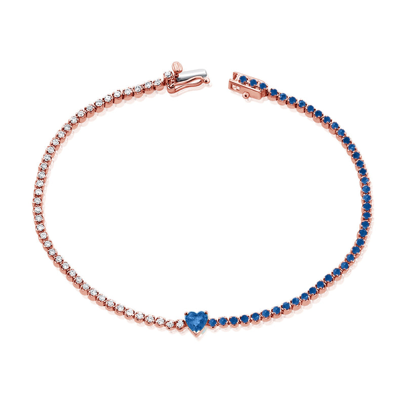 Luxurious 14K Gold Sapphire Heart and Diamond Tennis Bracelet