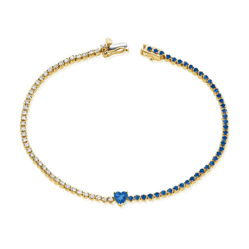 Luxurious 14K Gold Sapphire Heart and Diamond Tennis Bracelet