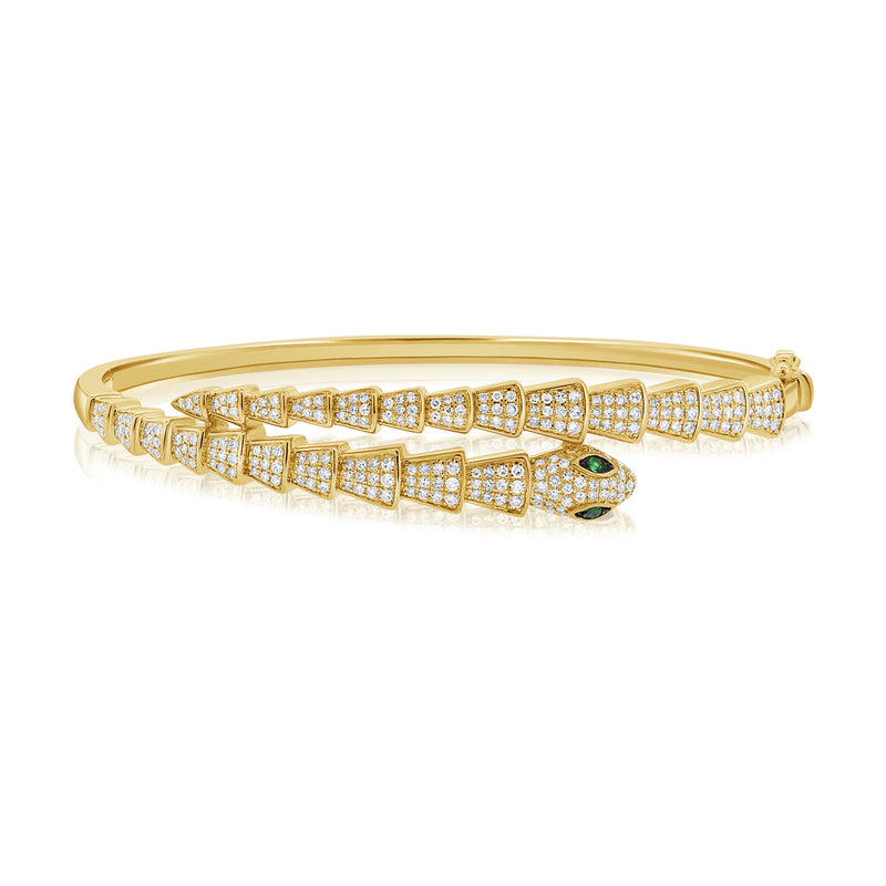 Emerald and Diamond Snake Bracelet in 14K Yellow Gold