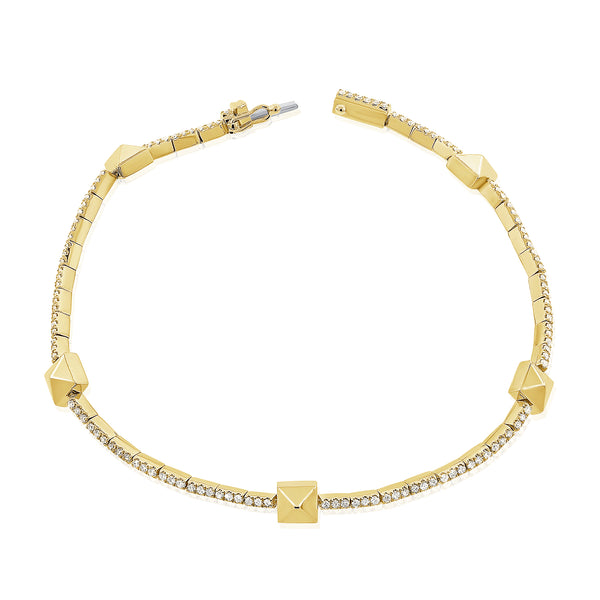 Modern 14K Gold Pyramid-Stud Diamond Tennis Bracelet