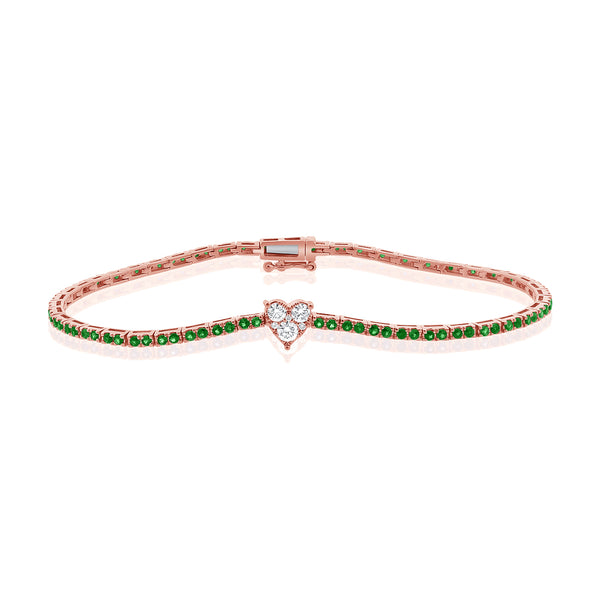 Enchanting 14K Gold Tsavorite and Diamond Heart Tennis Bracelet