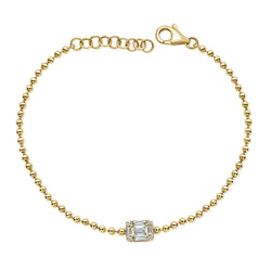 14K Gold Beaded Bracelet with Emerald-Cut Diamond Accent