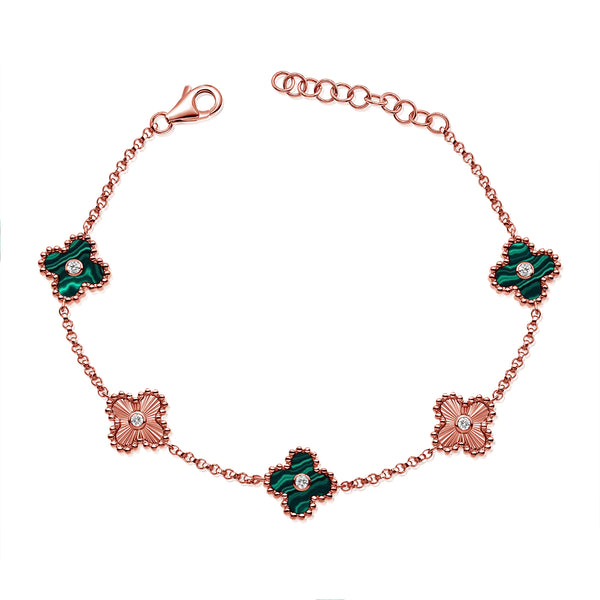 14K Gold Malachite & Diamond Fluted Clover Chain Bracelet – 0.13 Carat Elegant Charm