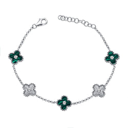 14K Gold Malachite & Diamond Fluted Clover Chain Bracelet – 0.13 Carat Elegant Charm