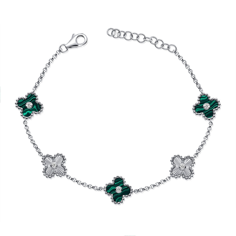 14K Gold Malachite & Diamond Fluted Clover Chain Bracelet – 0.13 Carat Elegant Charm