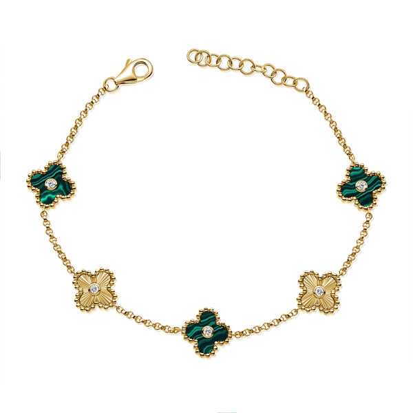 14K Gold Malachite & Diamond Fluted Clover Chain Bracelet – 0.13 Carat Elegant Charm