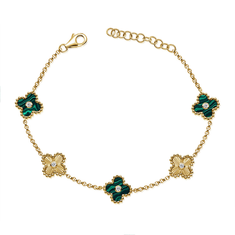 14K Gold Malachite & Diamond Fluted Clover Chain Bracelet – 0.13 Carat Elegant Charm