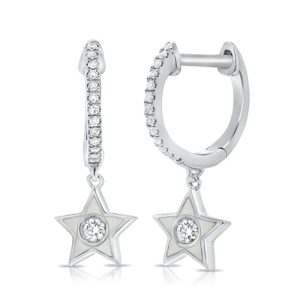 White Enamel & Diamonds Huggie Earrings made in 14K Gold