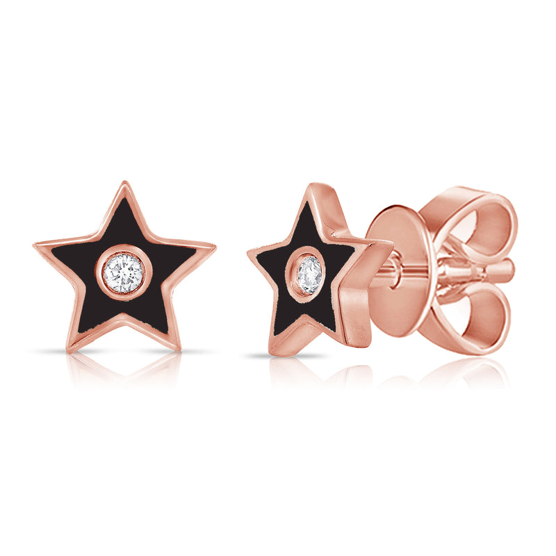 Black Enamel Diamond Star Stud Earrings in 14K Gold