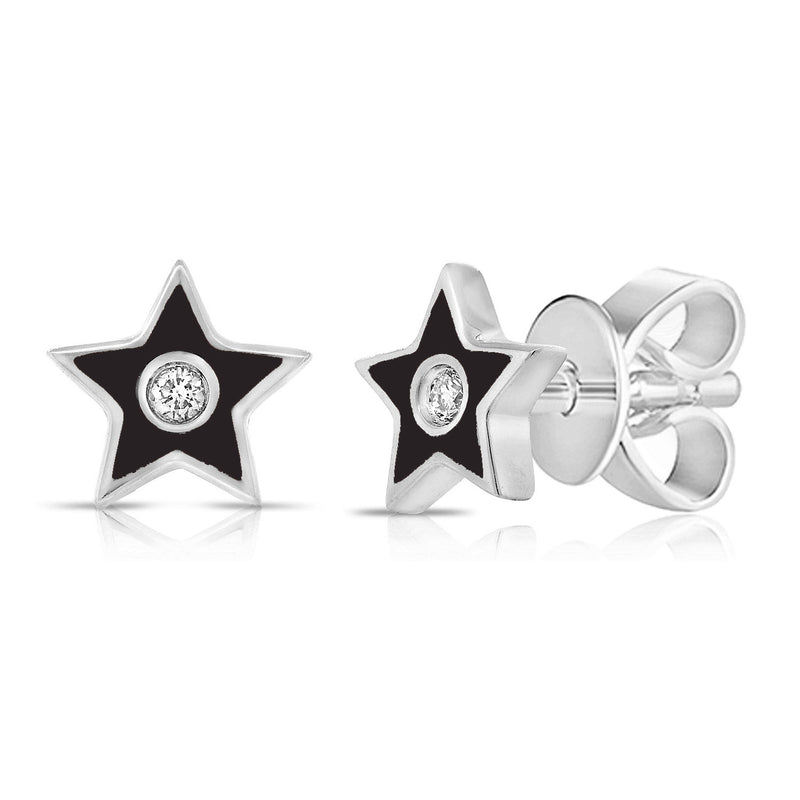 Black Enamel Diamond Star Stud Earrings in 14K Gold