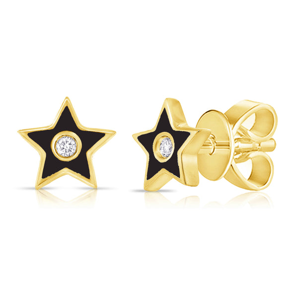 Black Enamel Diamond Star Stud Earrings in 14K Gold