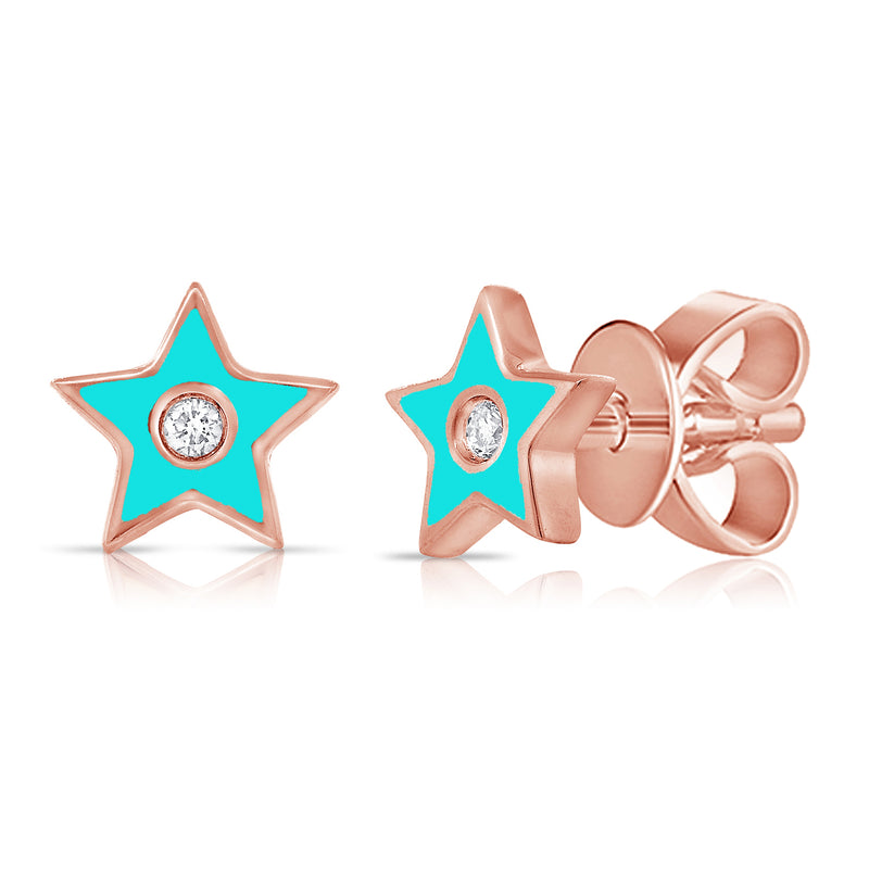 Turquoise Enamel Diamond Star Stud Earrings in 14K Gold