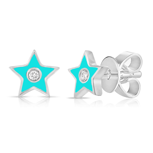 Turquoise Enamel Diamond Star Stud Earrings in 14K Gold