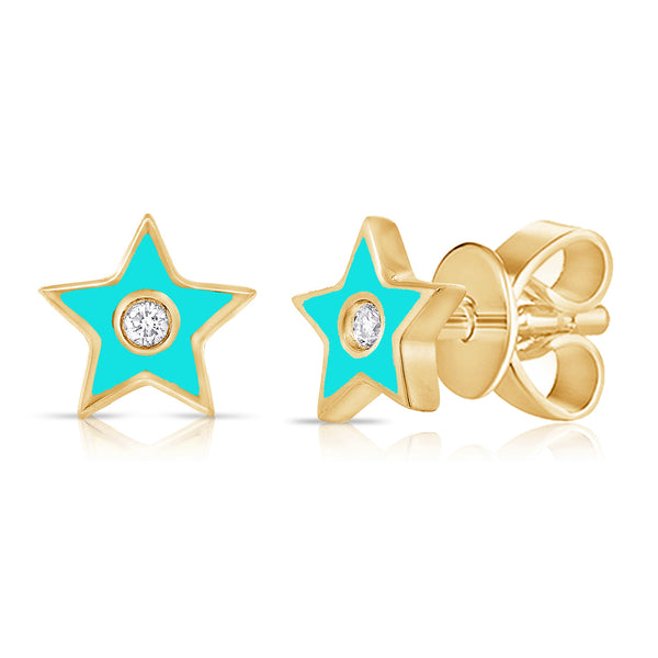 Turquoise Enamel Diamond Star Stud Earrings in 14K Gold