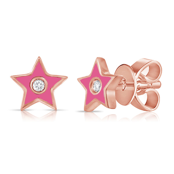 Pink Enamel & Diamond Star Studs made in 14K Gold