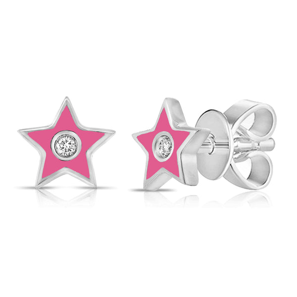 Pink Enamel & Diamond Mini Star Studs made in 14Kt Gold