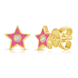 Pink Enamel & Diamond Mini Star Studs made in 14Kt Gold