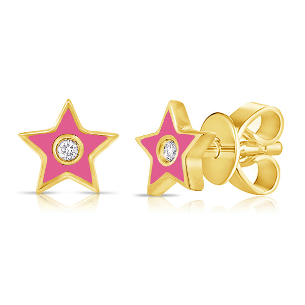 Pink Enamel & Diamond Mini Star Studs made in 14Kt Gold